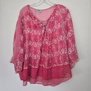 Vintage America Blues | Boho Paisley Blouse | Size 1X |Pink Sheer Top Tie Neck